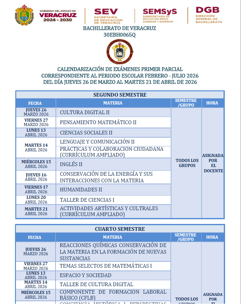CALENDARIZACIÓN DE EXÁMENES PRIMER PARCIAL